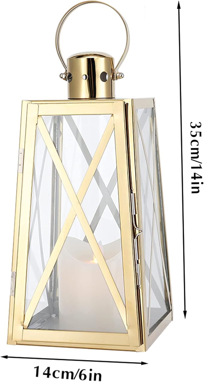 TRIROCKS Stainless Steel Decorative Lantern 12''H Metal Outdoor Candle Holder Hanging Candle Lantern with Tempered Glass for Christmas Home Wedding Living Room Parties Indoor Outdoor(Gold Trapezoid)