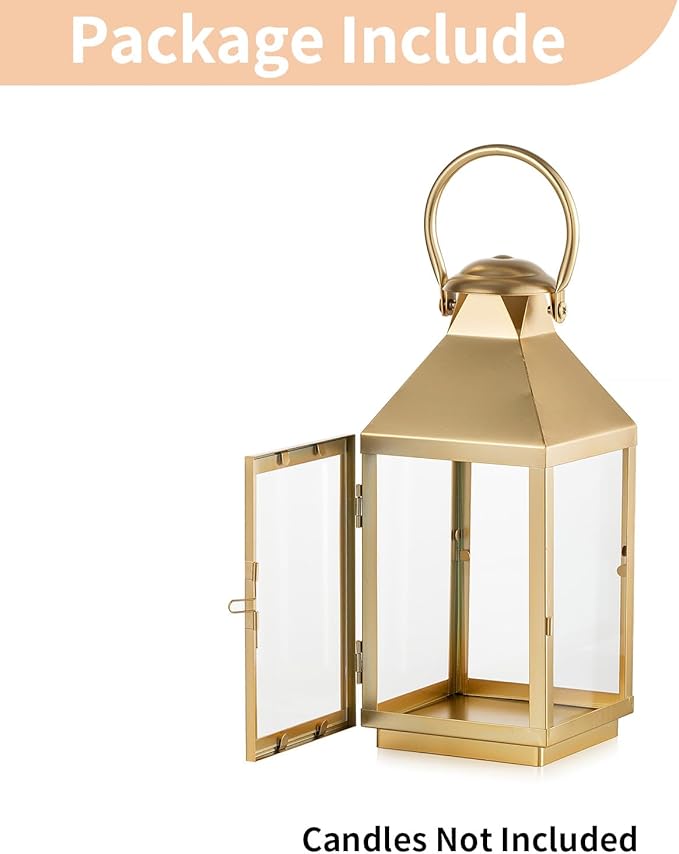 NUPTIO Gold Lanterns Decorative for Wedding: 11.2 Inch Tall Metal Lantern Decor with Glass - Outdoor Pillar Candle Holder for Table Centerpiece Dining Room Mantel Patio