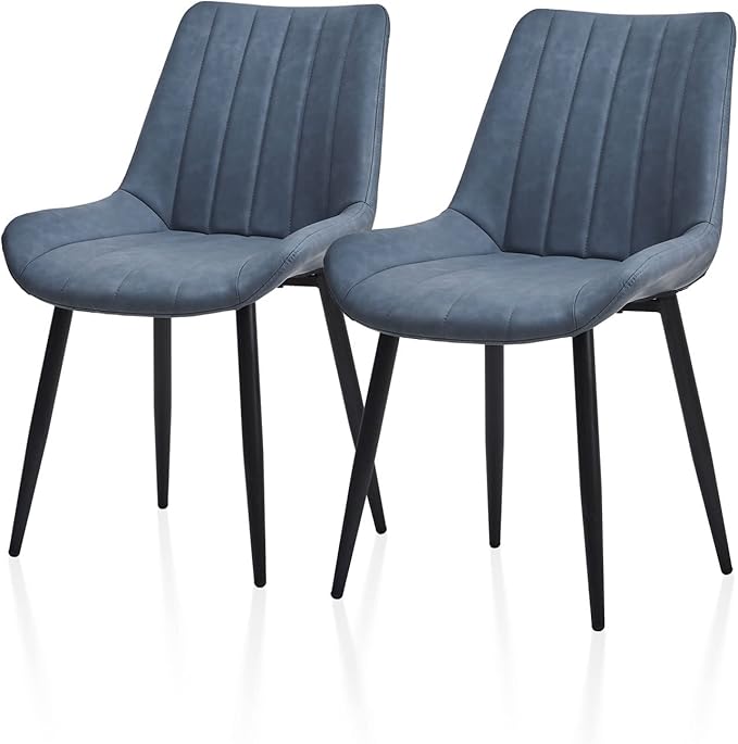TUKAILAi Faux Leather Dining Chairs Set of 2, Modern Linear Design Kitchen Chairs with Upholstered Seat and Metal Legs, Comfortable Side Chairs for Dining Room Restaurant Commercial (Blue)