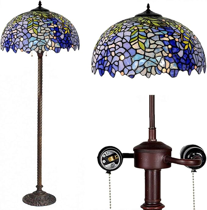 Floor Lamp, Tiffany Style Stained Glass Purple Wisteria Hanging Lamp with Handmade Lampshade, Suitable for Decorating Room (Purple, 16in)