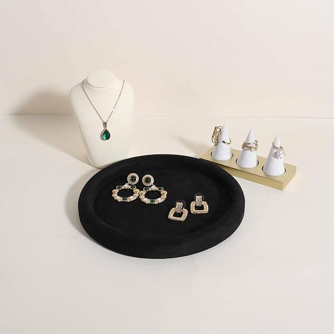 GemeShou Round Jewelry Organizer plate, Top Microfiber velvet Jewerly display tray, Empty Jewelry showcase tray for Necklace Bracelet Ring Earring display stand holder (Black-Medium, 7.9 x 7.9 in)