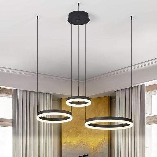 Modern Black Ring Chandelier LED Circle Geometric Pendant Light Dimmable 3 Rings Ceiling Light Fixtures High Ceiling Foyer Chandelier for Living Room Dining Room Bedroom