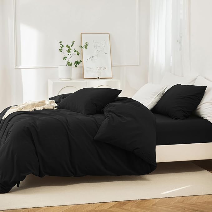 JIYUAN 100% Washed Cotton Duvet Cover Set 3 Pieces Super King, 1 Duvet Cover 108x98 Inches(Comforter Not Included) and 2 Pillowcases,Linen Feel Bedding Set Comfy and Breathable,Black