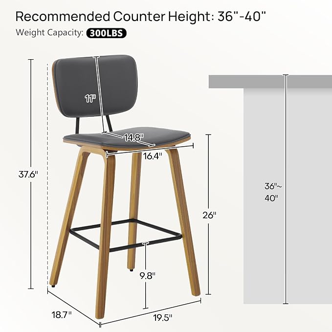 Counter Height Bar Stools, PU Leather Upholstered Barstools with Backs, Bent Wood Legs, 26 Inch Seat Height, Mid Century Modern Counter Stools for Kitchen Island, Grey