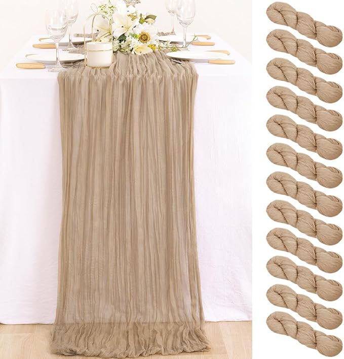 MLMC 12 Pack Nude Cheesecloth Table Runner 10ft Boho Rustic Gauze Taupe Cheese Cloth Table Runner Neutral Fall Decor 35x120 Inches for Reception Wedding Bridal Shower Party Decor