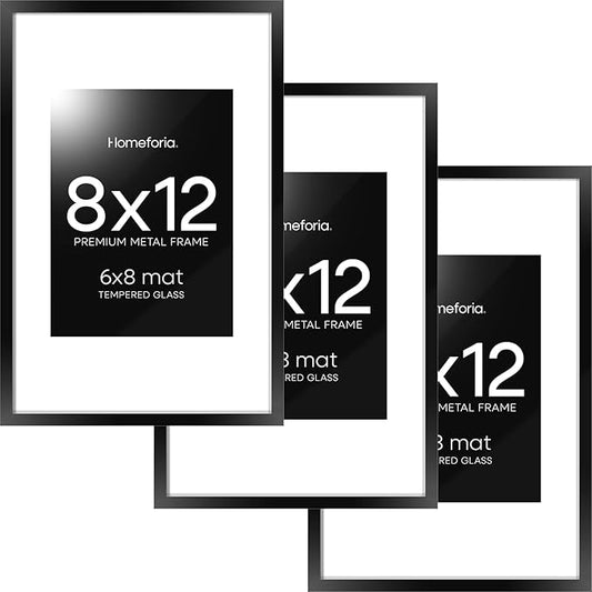 Homeforia 8x12 Picture Frame Black, High End Metal 8 x 12 Poster Frames with Mat 6 by 8 for Photo, 12x8 Frame Matted to 6x8 inch Print, 8by12 Wall or Tabletop Frame, Tempered Glass, Wall Kit, Set of 3