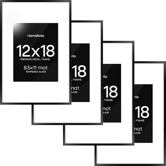 Homeforia 12x18 Picture Frame Black, High End Metal 12x18 Poster Frames with Mat 8.5x11 Photo, 12 x 18 Black Frames Matted to 8.5 by 11 inch Print, 18x12 Thin Frame, Tempered Glass, Wall Kit, Set of 4