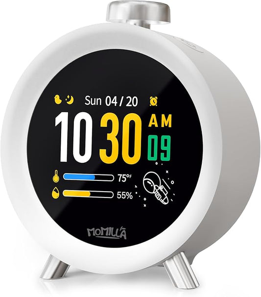 MOMILLA Alarm Clock for Heavy Sleepers, Colorful Screen Temperature, Loud 7-Day Programmable 4 Alarms, Small Clocks Bedrooms for Kids Adults Boys Girls, Easy to Set, Digital White Noise, Hourly Chime