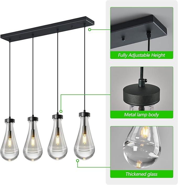 Raindrop Pendant Lights Kitchen Island Teardrop Black Hanging Light Fixtures Clear Solid Glass Pendant Light Modern Chandeliers for Dining Room Porch Corridor Living Room(Long Plate-4 Lights)