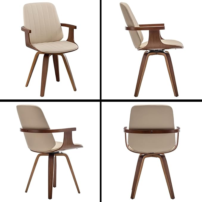 Dining Chairs Set of 2, Mid Century Modern Dining Chairs with Walnut Craftsmanship, Upholstered Faux Leather, Wooden Arms and Legs, Dining Chair with Arms for Kitchen/Living Room (Beige, Swivel)