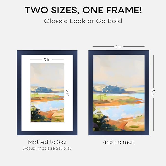 Homeforia Navy Blue 4x6 Picture Frame, High End Metal 4 x 6 Frames with Mat 3 x 5 for Print, 4by6 Desk Frame Matted to 3x5 inch Photo, 4 by 6 Wall or Tabletop Frame, Tempered Glass, Wall Kit, Set of 1