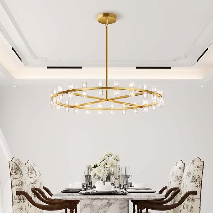 Dia 48inch Gold Chandelier,Large Wagon Wheel Chandelier,48-Lights Large Round Pendant Lighting Fixture for Dining Room,Living Room,Kitchen Island,Foyer