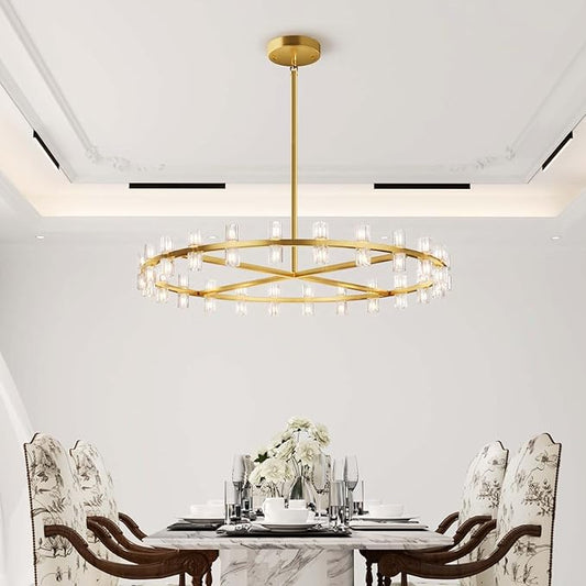 Dia 48inch Gold Chandelier,Large Wagon Wheel Chandelier,48-Lights Large Round Pendant Lighting Fixture for Dining Room,Living Room,Kitchen Island,Foyer