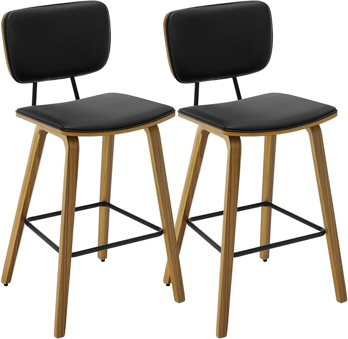 Counter Height Bar Stools Set of 2, PU Leather Upholstered Barstools with Backs, Bent Wood Legs, 26 Inch Seat Height, Mid Century Modern Counter Stools for Kitchen Island, Black