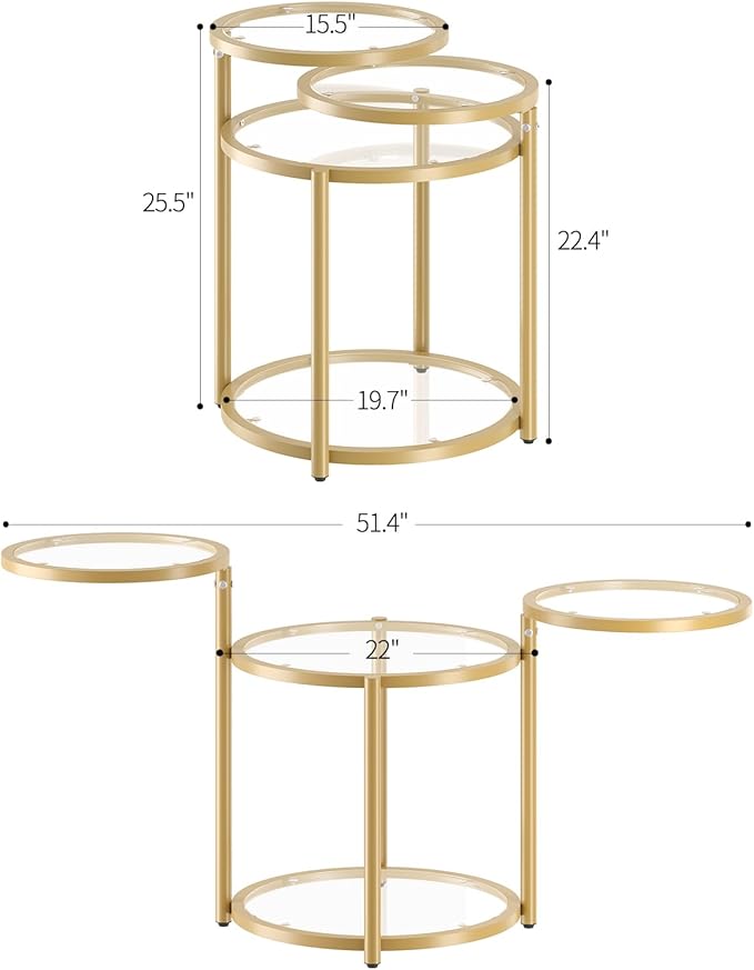 Round Glass Coffee Table - 4 Tier Coffee Tables for Living Room with Rotating Top, Circle Coffee Table with Storage, Modern Clear Center Table with Metal Frame for Small Space, Office, Gold