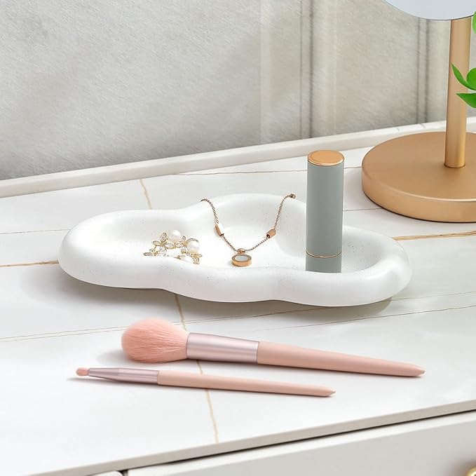 Ceramic Jewelry Tray, Cloud Trinket Dish for Necklace, Bracelet, Earrings, Perfume, Vanity, Key Bowl, Cute Ring Holder for Home Room Decor Aesthetic, Matte White