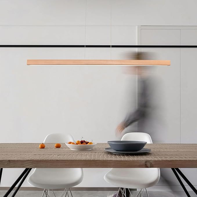 39" Wooden Linear Pendant Light LED Pendant Lights Dimmable Pool Table Island Lights Modern Linear Chandeliers for Dining Room Kitchen Ceiling Pendant Lamp for Kitchen Island Billiard Room Natural