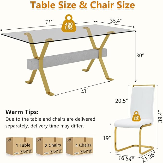 7 Piece Glass Dining Table Set, Kitchen Table Chairs Set for 6, 71'' Dining Table with 0.4" Tempered Glass Tabletop with Plated Metal Legs and MDF Crossbar, 6 PU Chairs for Dining Room, Kitchen.