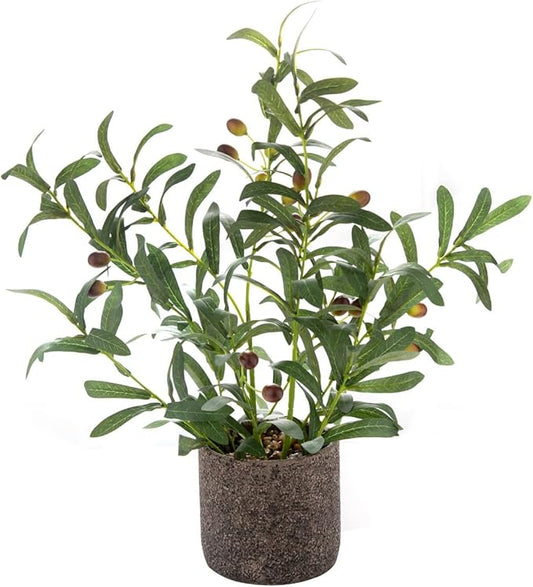 AlphaAcc 18 Inch Artificial Olive Branches Real Looking Potted Plant Fake Olive Tree with Lifelike Leaves and Fruits in Rustic Black Cement Planter Faux Greenery Plant for Indoor Outdoor Decor