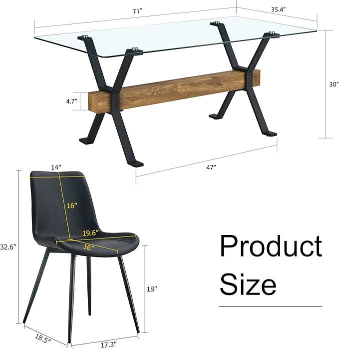5 Piece Glass Dining Table Set, Kitchen Table Chairs Set for 4, 71'' Dining Table with 0.4" Tempered Glass Tabletop with Plated Metal Legs and MDF Crossbar, 4 PU Chairs for Dining Room, Kitchen.