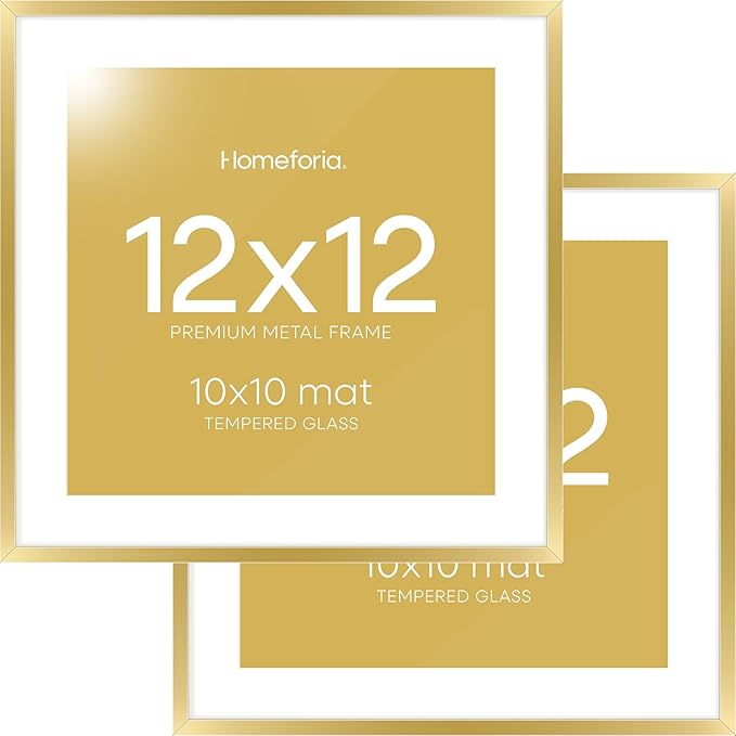 Homeforia 12x12 Picture Frame Gold, High End Metal 12 x 12 Square Poster Frame with Mat 10 x 10 Photo, 12x12 Frame Matted to 10x10 Print, 12by12 Gold Hanging Frames, Tempered Glass, Wall Kit, Set of 2