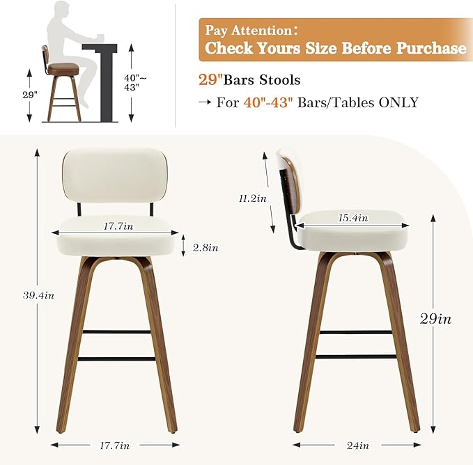 Swivel Bar Stools Set of 4, 29" Upholstered Faux Leather Barstools with Back and Bent Wood Legs, Mid Century Modern Bar Chair Island Stool for Kitchen Counter, Cream White