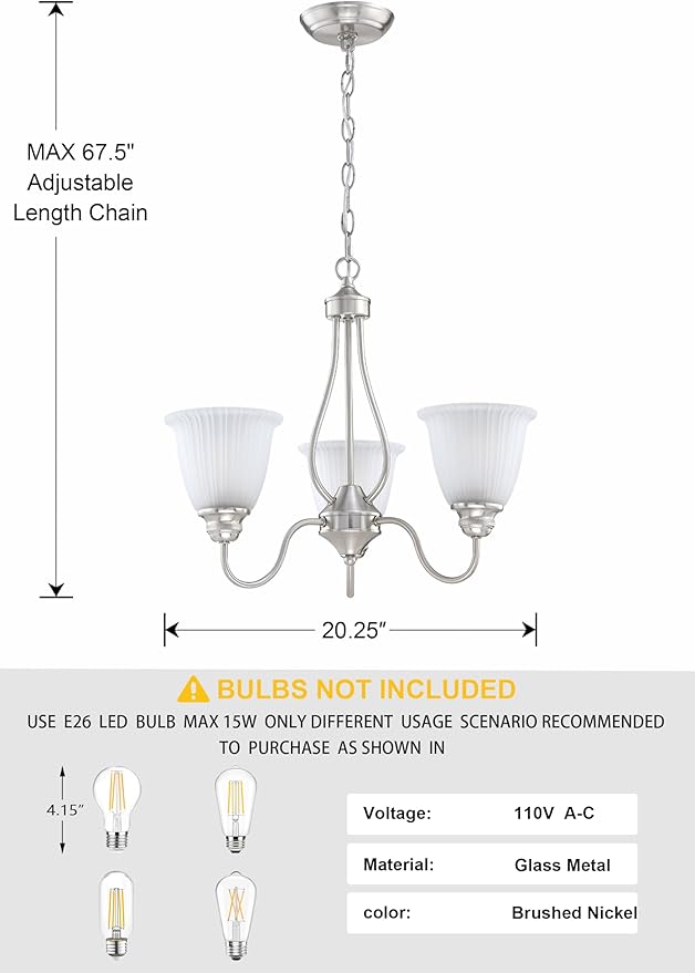 Doraimi Lighting 3 Light Chandelier Stripe Frosted Glass Shade Classic Style Ceiling Pendant Light Fixture Brushed Nickel Finish for Meeting Room Dining Room Over Table Living Room