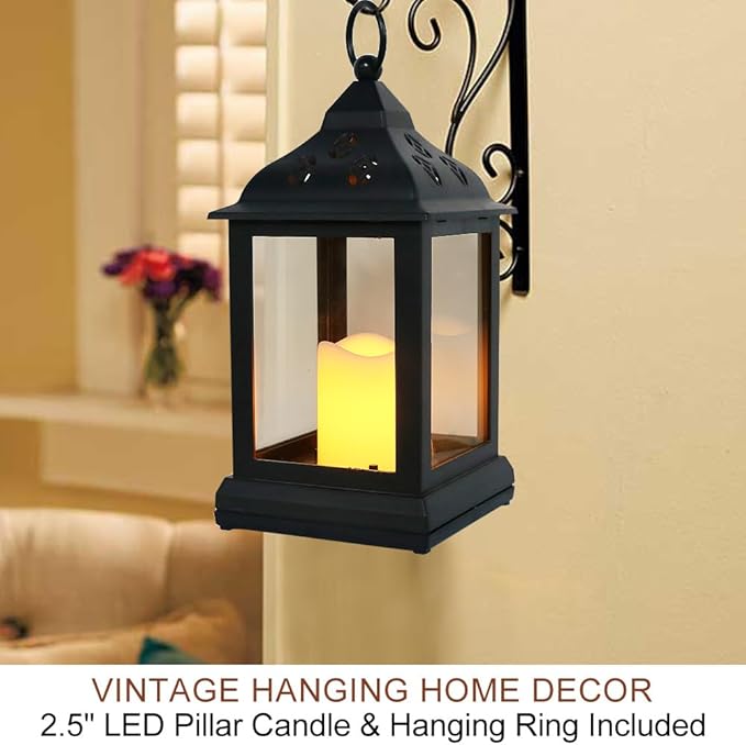 Bright Zeal 2-Pack 9.5" Vintage Decorative Candle Lantern with LED Flickering Flameless Candle (Black, 8hr Timer) - Indoor Hanging Lanterns Decorative Lanterns Battery Powered LED Candle Timer Candle