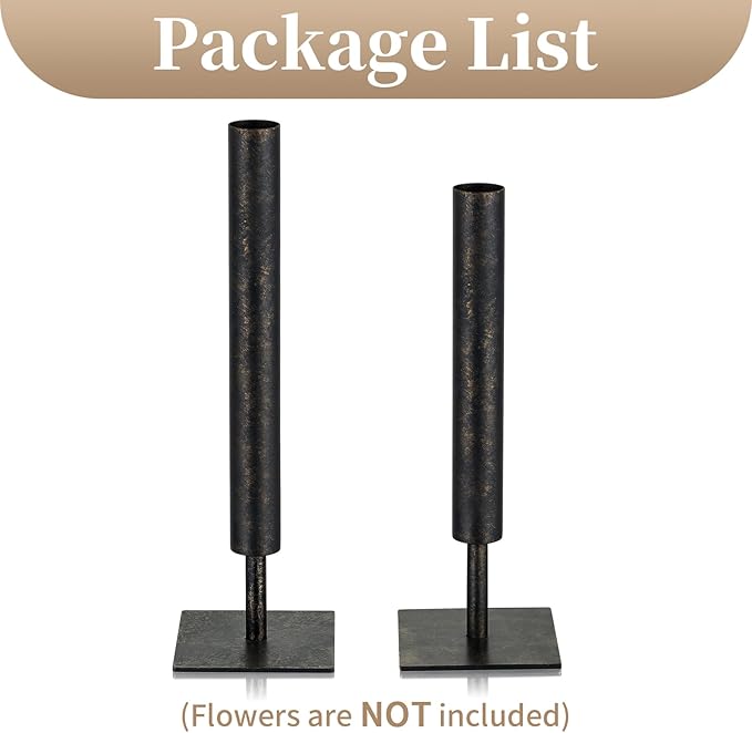 Sziqiqi Black Metal Vase Set - 15.5/13.8in Tall/Short Rectangular Vases, 2 Pcs Modern Home Decor for Living Room, Bedroom