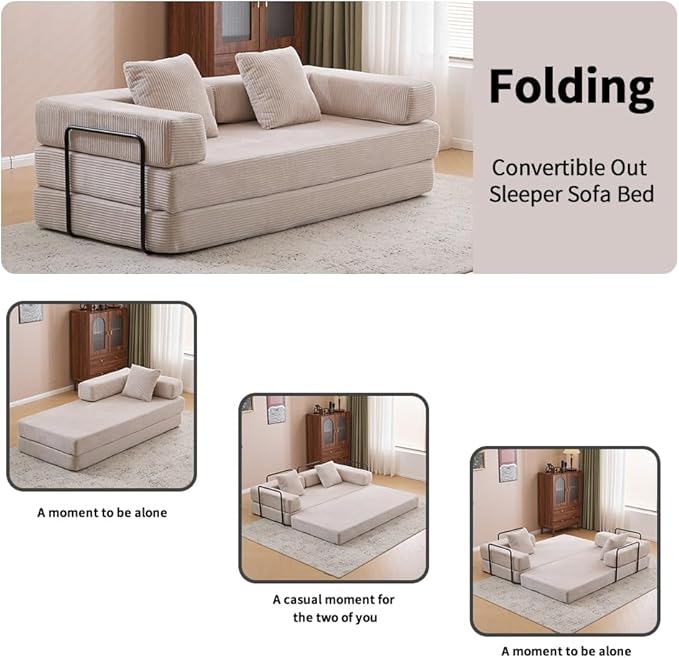 Convertible Folding Mattress Couch, Floor Sofa Bed with Fixed-Shape Frame, Corduroy Floor Sofa with Armrest, Floor Sofa Lounge Couch for Living Room Bedroom Lounge Studio-Clay Beige