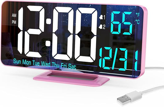 Pink Digital Clock for Bedroom 6.7in Dual Alarm Clock with Dimming, 12/24h, Seconds, Date, Day of Week, Temp, Desk Clock, LED Clock for Table Decor, Digital Calendar Table Clocks for Bedrooms KOSUMOSU