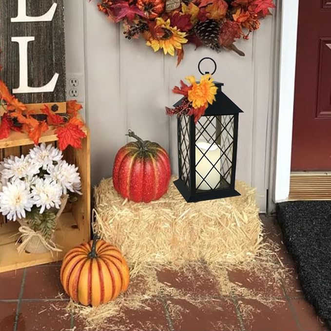 Bright Zeal 2-Pack 13.5" Vintage Candle Lantern with LED Pillar Light (Black, 6hr Timer) - IP44 Waterproof Battery Powered Decorative Light - Outdoor Hanging Lantern Decorative Indoor Candle Holder