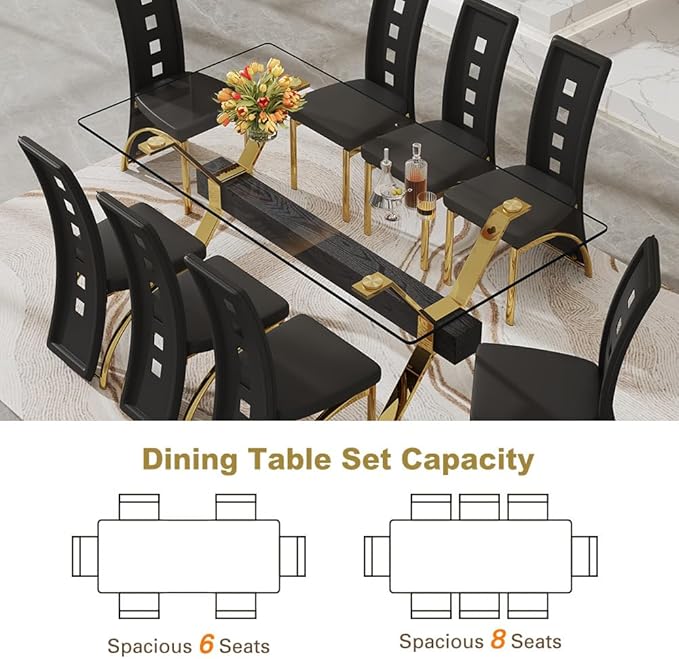 71'' Glass Dining Table Set for 8,9 Piece Dining Table Set with Open‑Frame X‑Shaped Golden Metal Base,Gold Kitchen Table and Chairs Ideal for Dining Room&Home Office