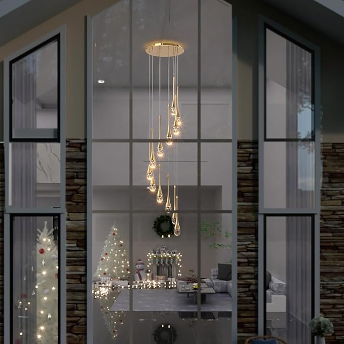 138'' High Ceiling Chandelier for Entryway Gold Raindrop Crystal Chandeliers for Living Room Foyer Staircase Flush Mount Sloping Ceiling Pendant Light Fixture LED Dimming 2700k-6000k