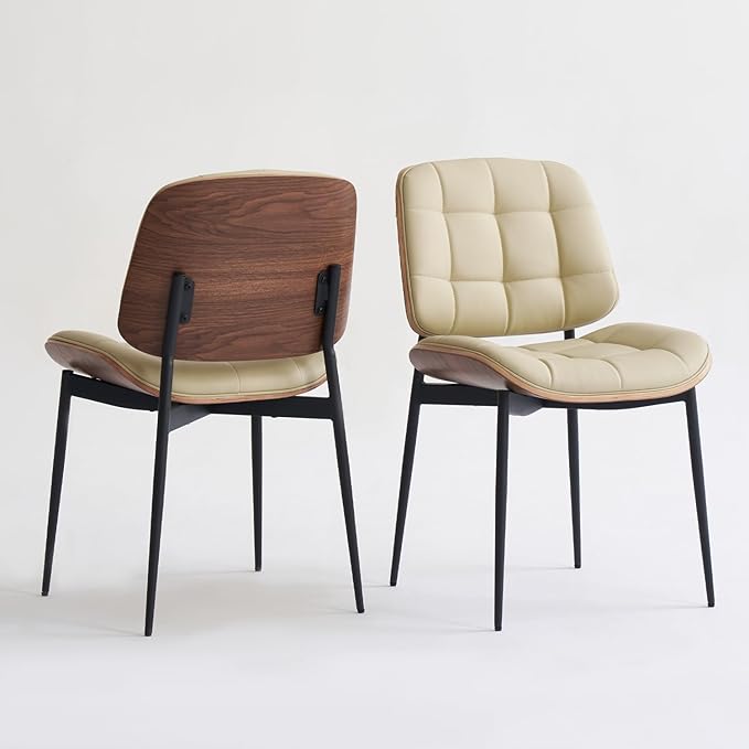 Mid Century Modern Dining Chairs with Walnut Grain Back, Beige Faux Leather Dining Room Chairs Set of 4, Checkered Soft Cushion Kitchen Chairs with Adjustable Foot Pads