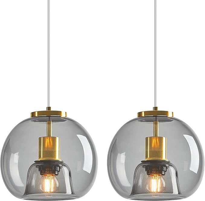 Light Grey Glass Pendant Lights Kitchen Island Gold Hanging Light Fixture Glass Globe Pendant Light Modern Pendant Lighting for Kitchen Island Bedroom Dining Room (7.87", 2 Pack)