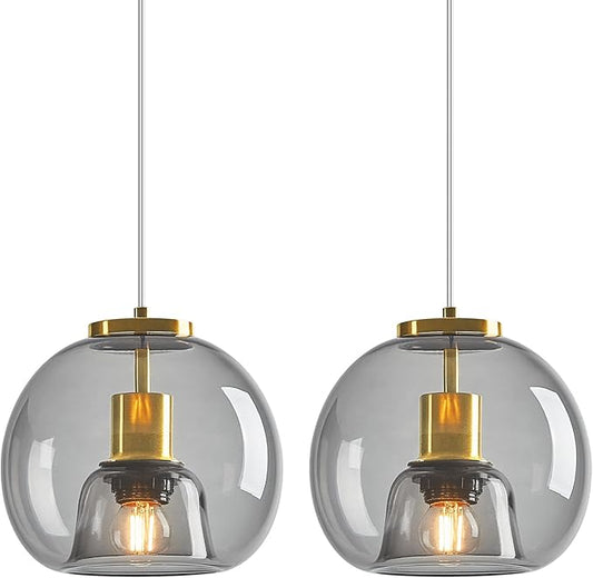 Light Grey Glass Pendant Lights Kitchen Island Gold Hanging Light Fixture Glass Globe Pendant Light Modern Pendant Lighting for Kitchen Island Bedroom Dining Room (7.87", 2 Pack)