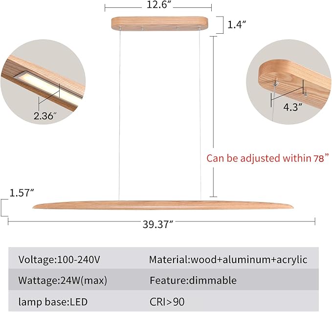 39" 24W Wood LED Linear Pendant Light Fixture Led Dining Room Light Dimmable Hanging Light Fixture for Dining Room Kitchen Island Pool Table Lights Natural Wood Color