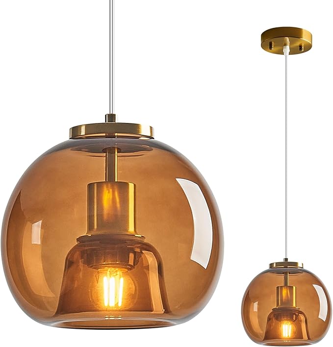 Brown Glass Pendant Lights Kitchen Island Gold Hanging Light Fixture Glass Globe Pendant Light Modern Pendant Lighting for Kitchen Island Bedroom Dining Room (7.87", 1 Pack)
