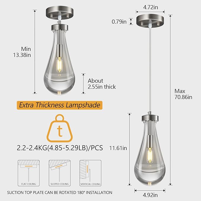 Raindrop Pendant Lights Kitchen Island Teardrop Nickel Hanging Light Fixtures Clear Solid Glass Pendant Light Modern Chandeliers for Dining Room Porch Corridor Living Room(3-Pack)