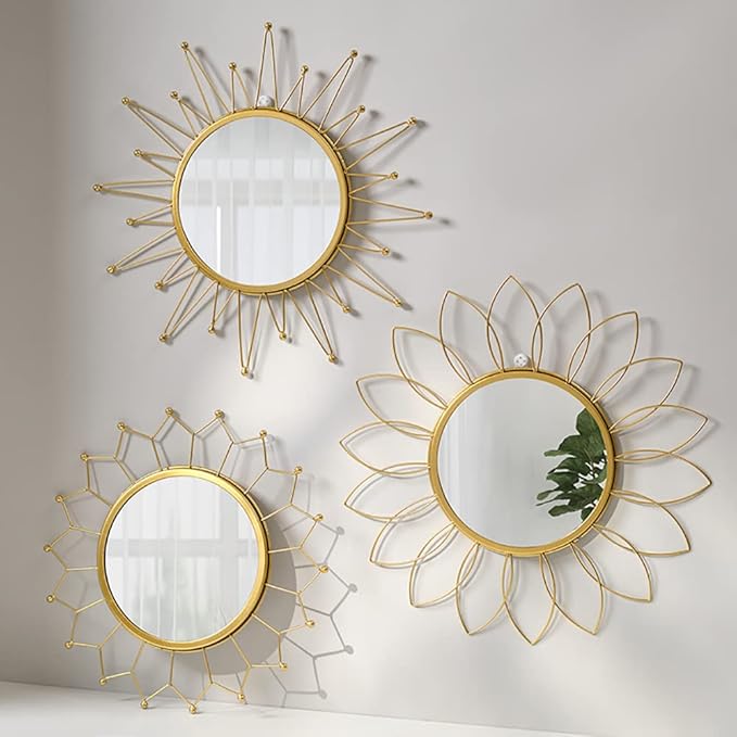 Gold Mirrors for Wall - Metal Sunburst Wall Mirror Room Decor & Home Decor, Boho Mirror Wall Decor Gifts for Women & Moms (Small, Sun Flower)