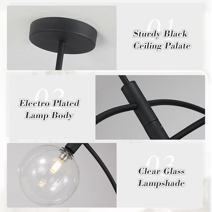 Mid Century Modern Sputnik Chandelier Adjustable 5 Light Pendant Light Fixture Clear Glass Black Ceiling Chandelier for Dining Room Kitchen Bedroom