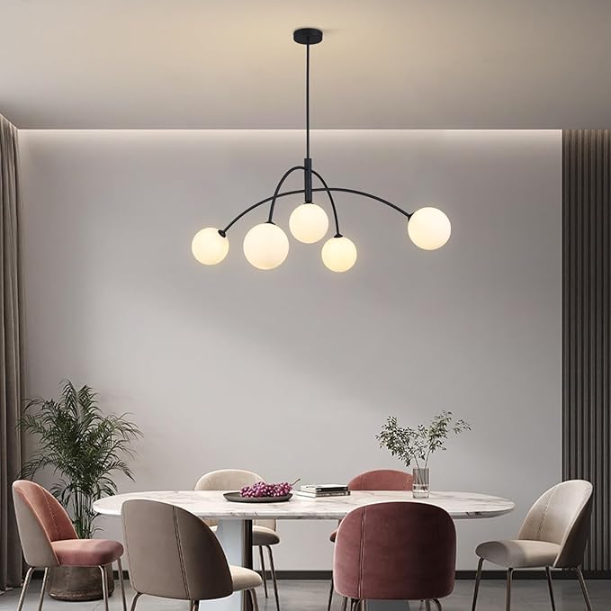 Mid Century Chandelier Black Ceiling Light 5 Light Sputnik Light Fixture with White Glass Globe Adjustable Modern Sputnik Chandelier for Dining Room Kitchen Bedroom…