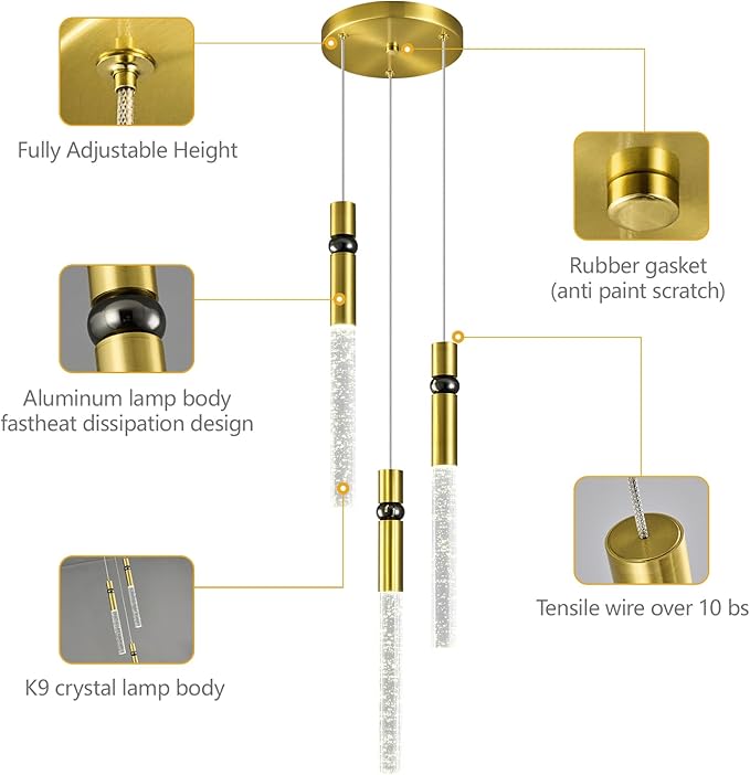 Pendant Lights Kitchen Island Light Fixtures Dimmable LED Modern Pendant Light with Bubble Crystal Pendant Lighting for Kitchen Bedroom Hallway Entryway (Gold 3-Light)