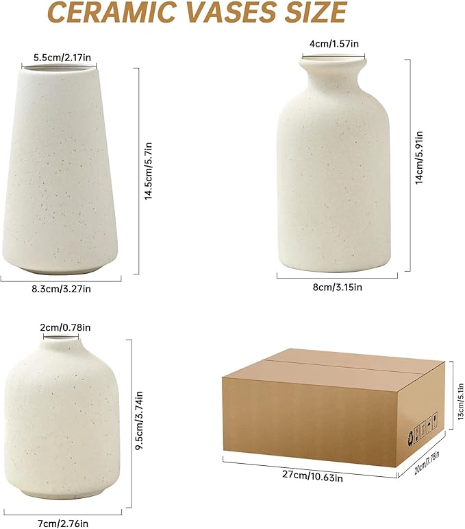 Beige Ceramic Vases Set of 3 for Pampas Grass & Dried Flowers, Creative Modern Boho Farmhouse Décor, Small Ceramic Vase for Shelf, Desk, Bookshelf and Entryway