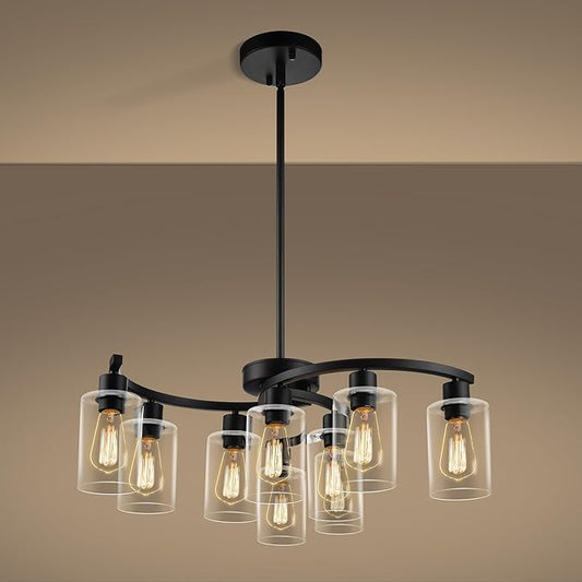 9-Light Black Modern Chandeliers for Dining Room, Adjustable Height Farmhouse Kitchen Island Lighting, Industrial Hanging Light Fixtures for Living Room Bedroom, Clear Glass Shade