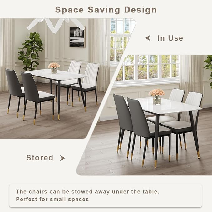 50" White Sintered Stone Dining Table Set for 4 Modern Faux Marble Dining Table with 4 Upholstered PU Leather Chair Dining Room Table Set for Kitchen Apartment(1White Table+4White &Gray Chairs)