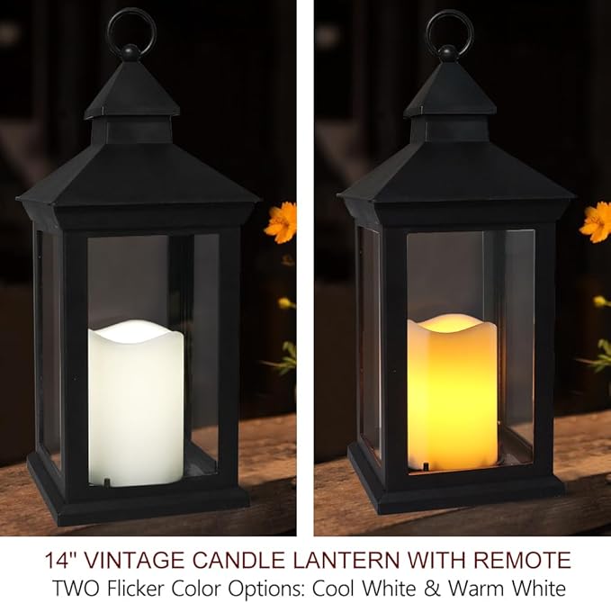 Bright Zeal 14" Decorative Candle Lantern Black Outdoor Lanterns Timer Candles - IP44 Waterproof Vintage Lanterns Battery Powered LED Decorative for Wedding - Warm White Hanging Wall Lanterns Indoor