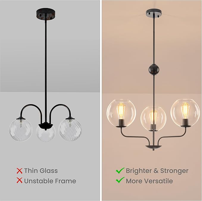 3-Light Modern Globe Cluster Pendant Lighting Chandelier with Clear Glass Spheres and Black Metal Frame