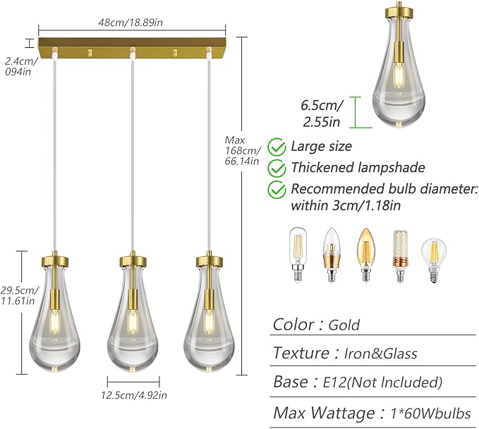 Raindrop Pendant Lights Kitchen Island Teardrop Gold Hanging Light Fixtures Clear Solid Glass Pendant Light Modern Chandeliers for Dining Room Porch Corridor Living Room(Long Plate-3 Lights)